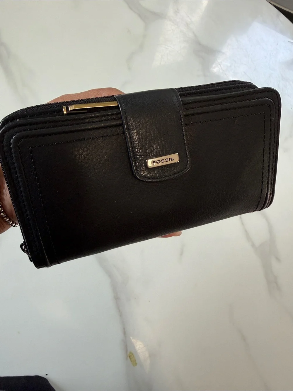 Fossil Black Leather Zip-Around Wallet with Gold Accent